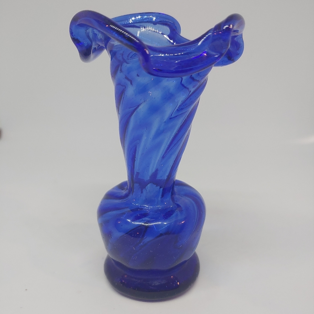 Cobalt Blue Handblown Ruffled Mini Vase - Picture 2 of 10